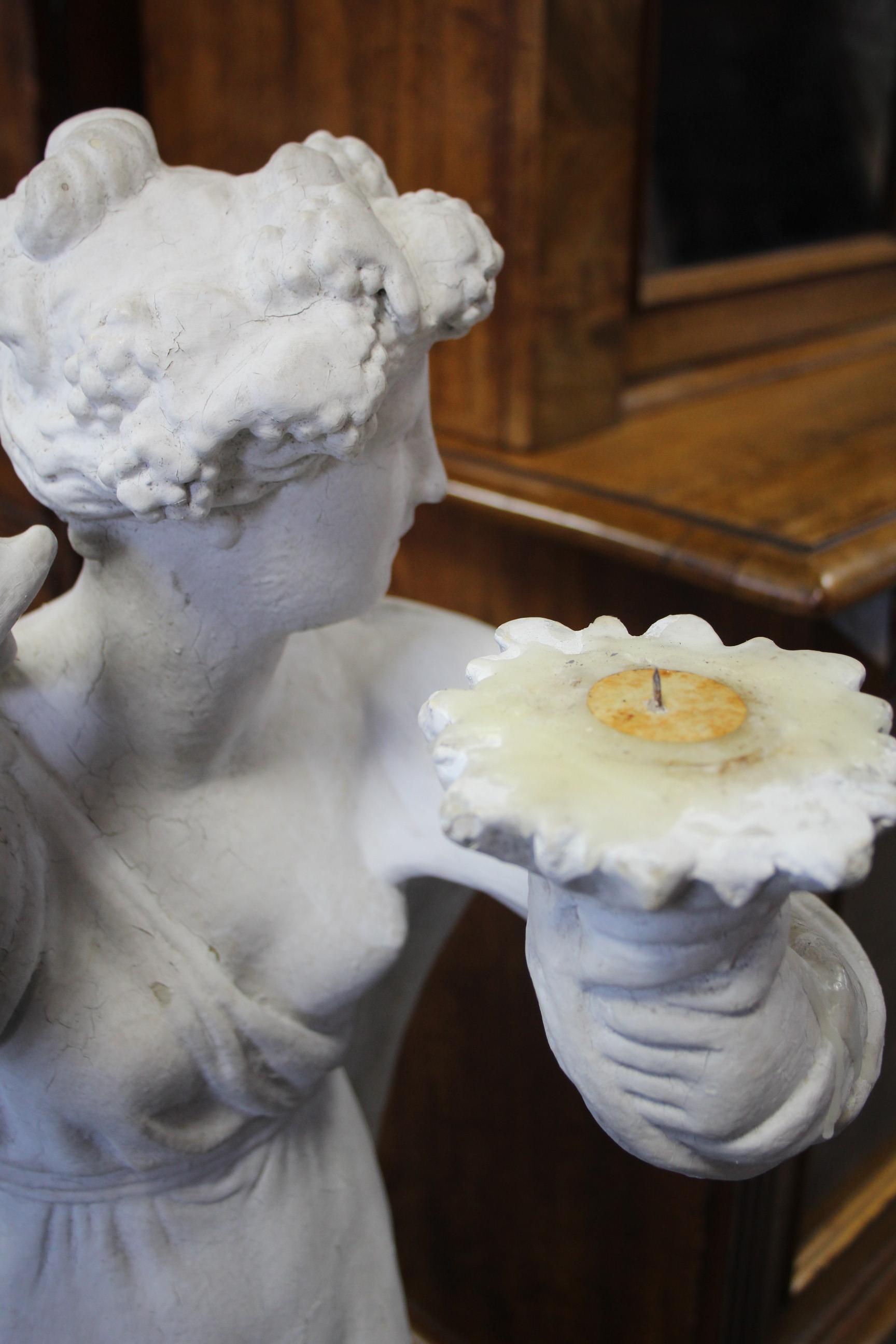 A white-painted plaster standing classical female figure with flowing robes, a candle holder to - Image 6 of 6