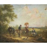 ENGLISH SCHOOL early/mid-19th century. A rural landscape with harvest workers, their horses & dog
