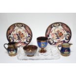 A pair of Bloor Derby "Imari" pattern 8¼" diam. saucer dishes; two small Victorian copper lustre