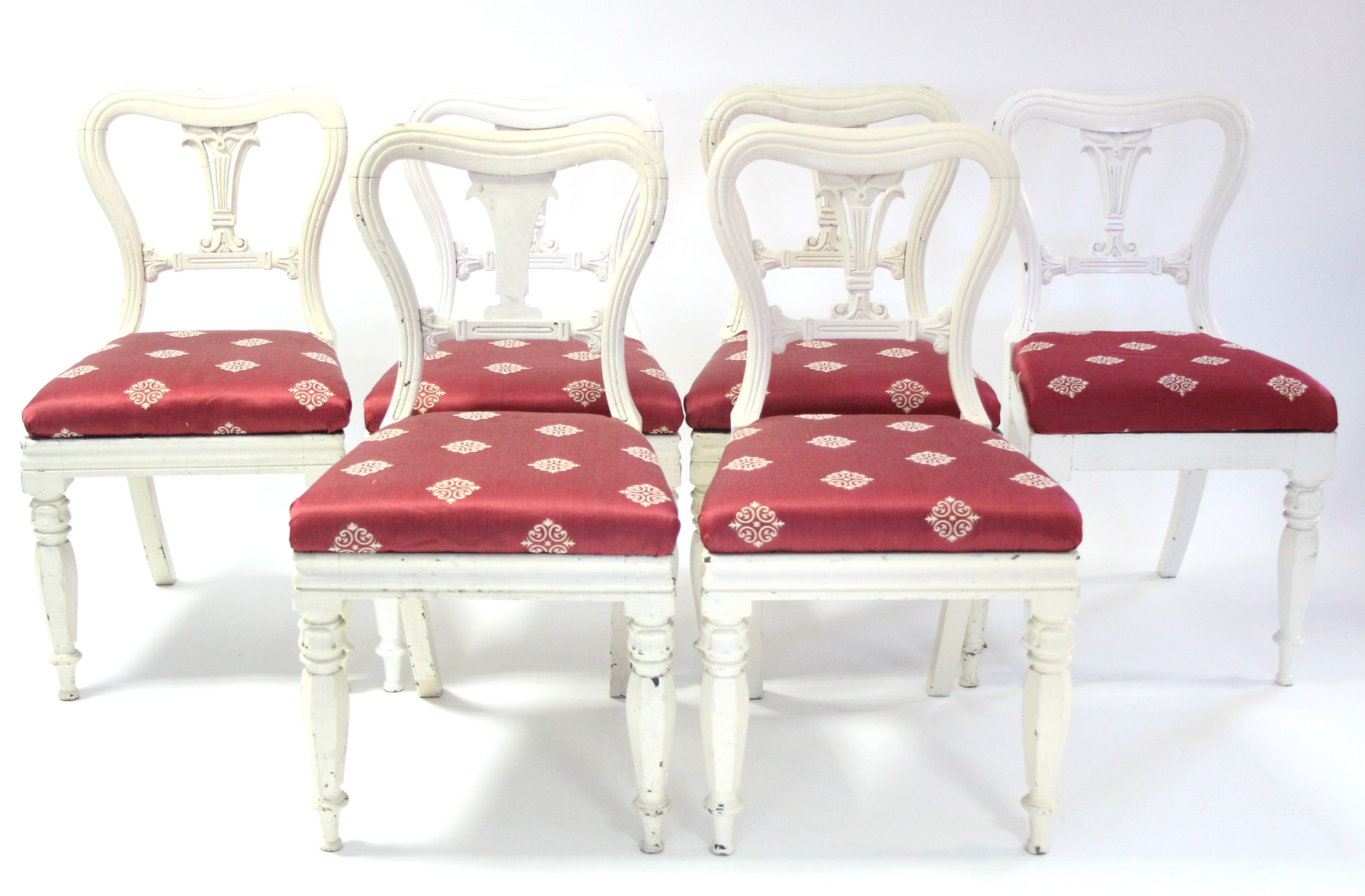 A matched set of eight early Victorian dining chairs with padded drop-in seats upholstered crimson - Image 2 of 3