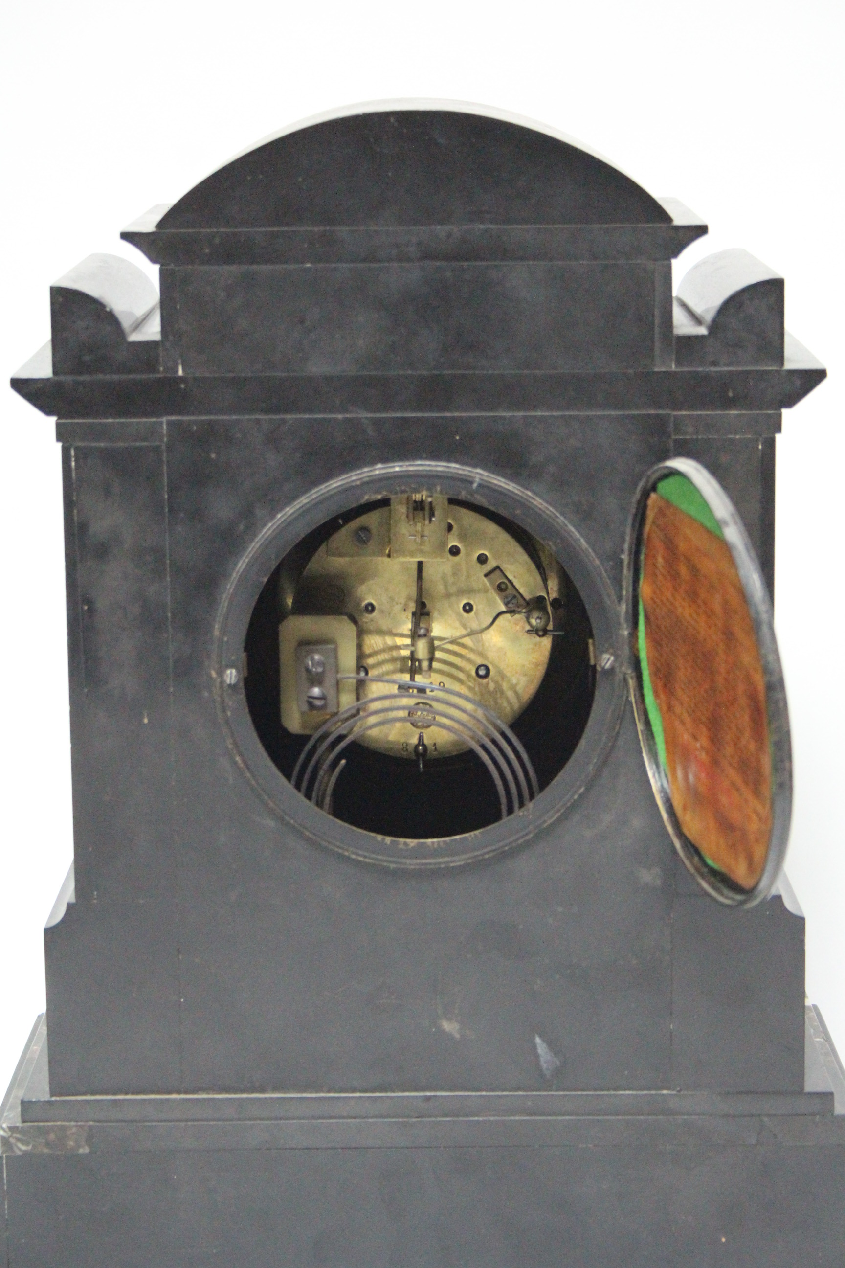 A late 19th century mantel clock with visible escapement to the two-part enamel dial, Henry Marc - Image 3 of 3