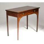 A George III inlaid mahogany side table fitted frieze drawer with brass circular handles,