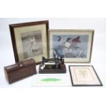 A Singer hand sewing machine in oak case; & four decorative pictures.