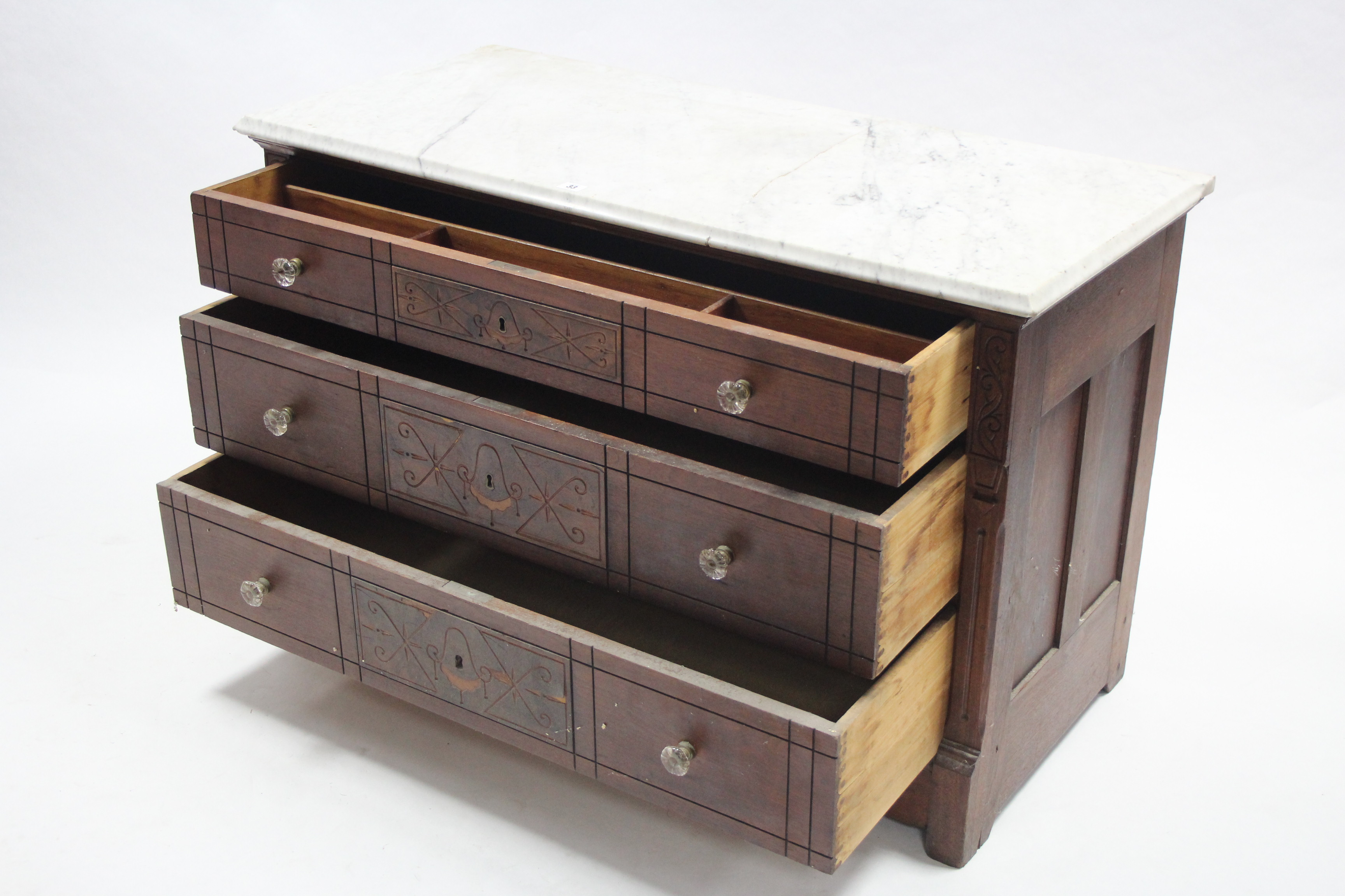 A continental-style carved wooden marble-top low chest fitted three long graduated drawers with - Image 2 of 4