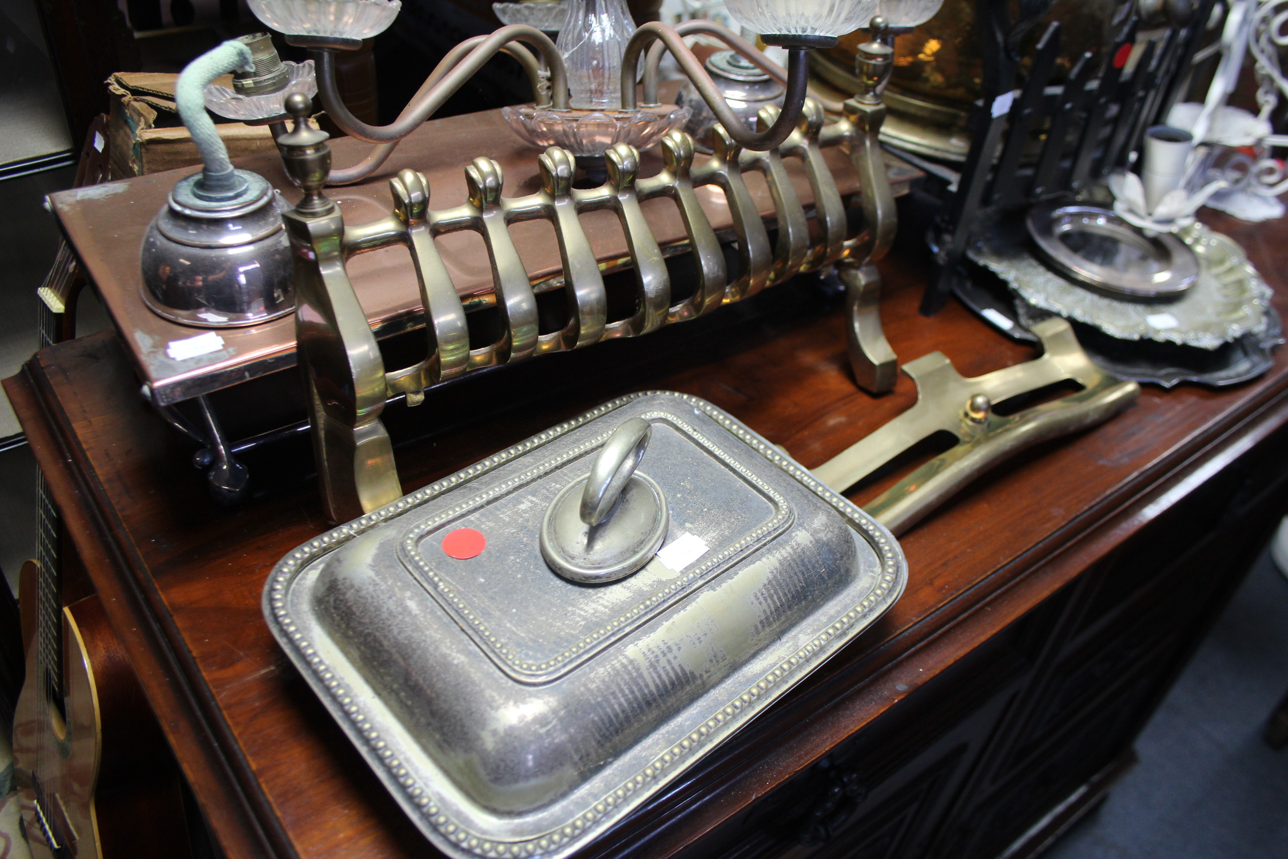 A copper warming pan with short turned wooden handle; a copper helmet-shaped coal scuttle; two - Image 2 of 7