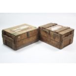Two iron-bound wooden storage crates each with hinged lift-lid & with cardboard liners, 29½” wide.