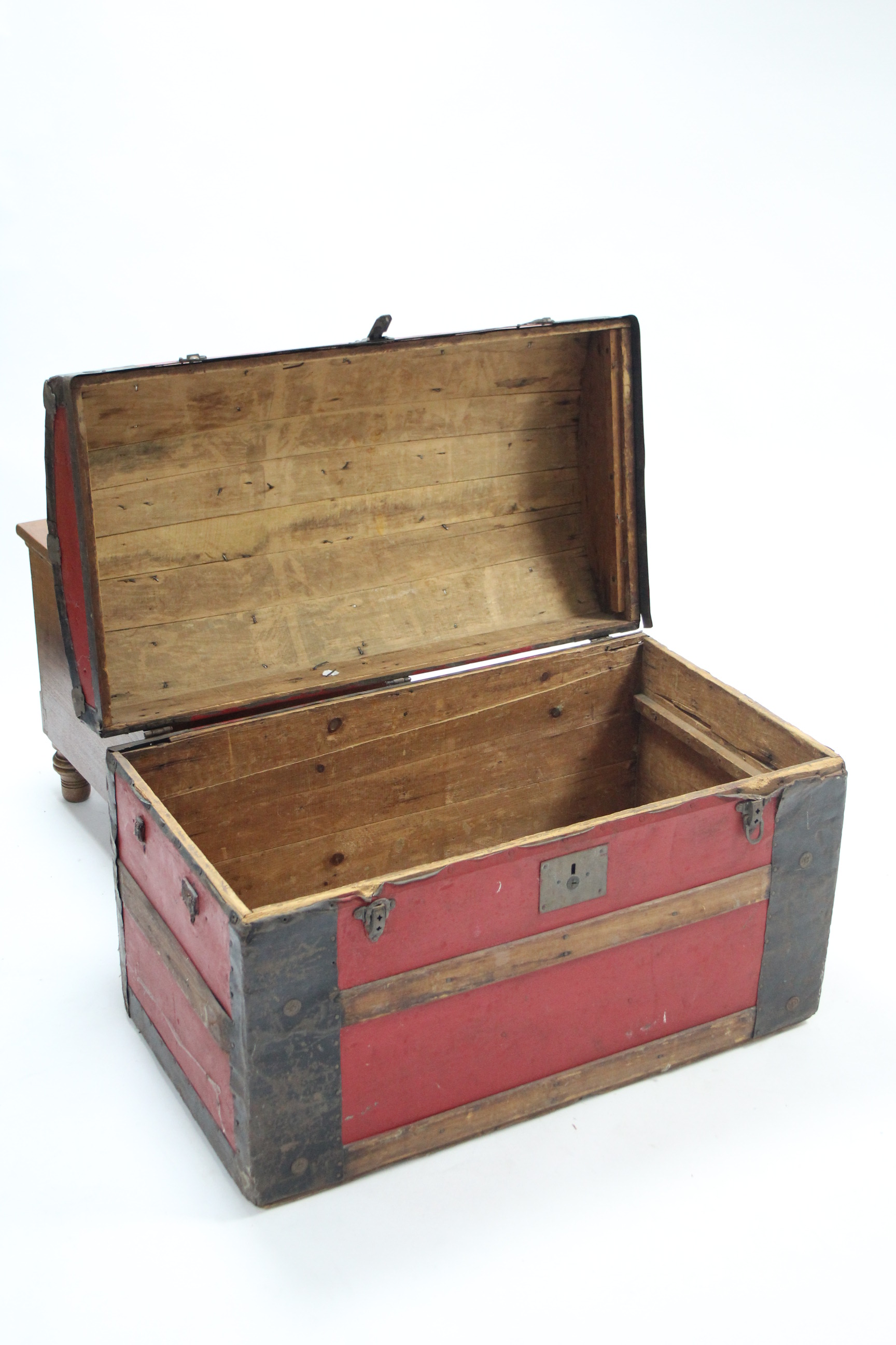 An iron-bound & red-finish deal dome-top travelling trunk (lacking side handles), 32¾” wide. - Image 2 of 2