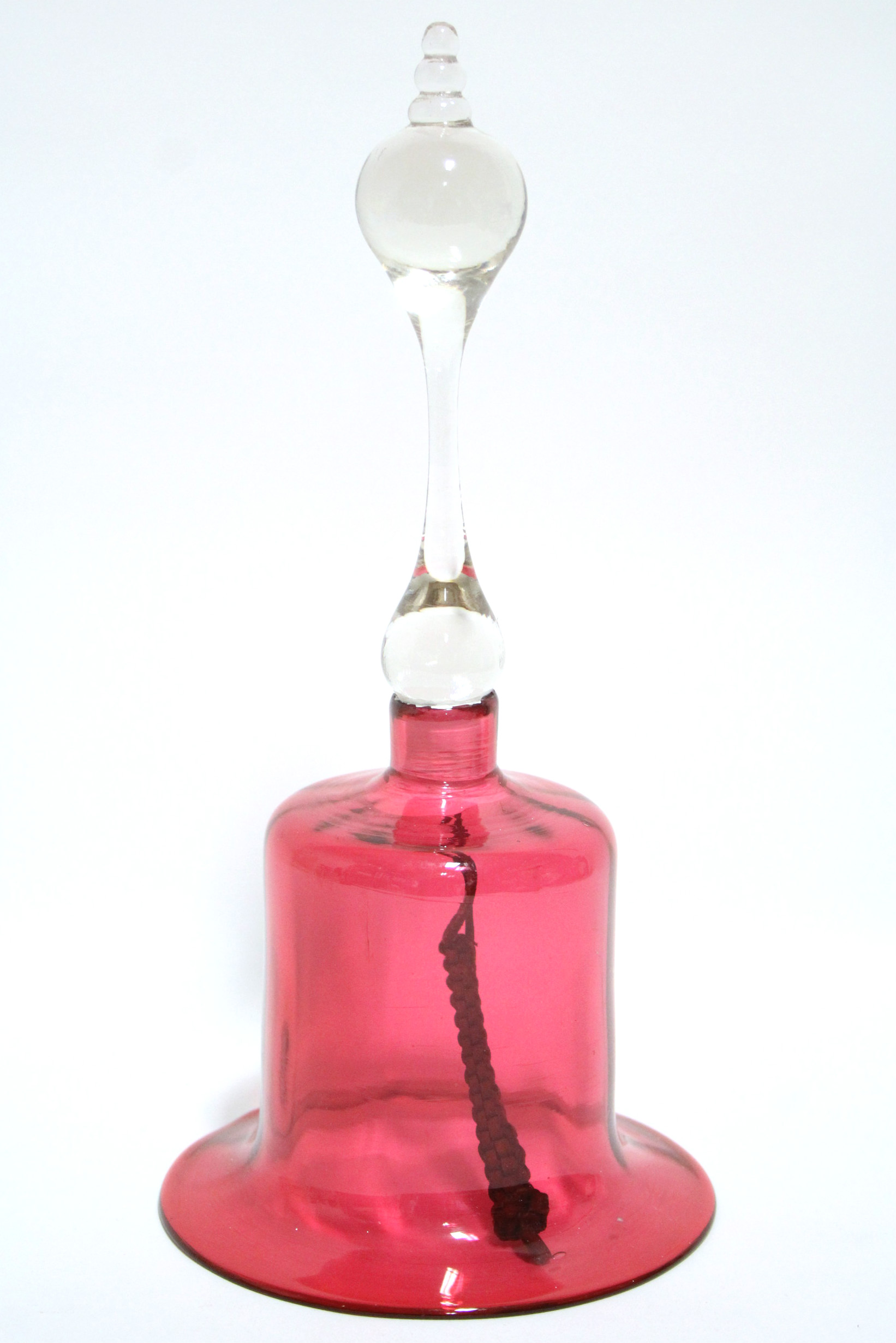 A Victorian cranberry glass large hand bell with tall clear glass handle & later woven leather - Image 2 of 2