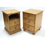 A pine bedside cabinet with open recess above two long drawers, 16" wide; & a similar three-drawer