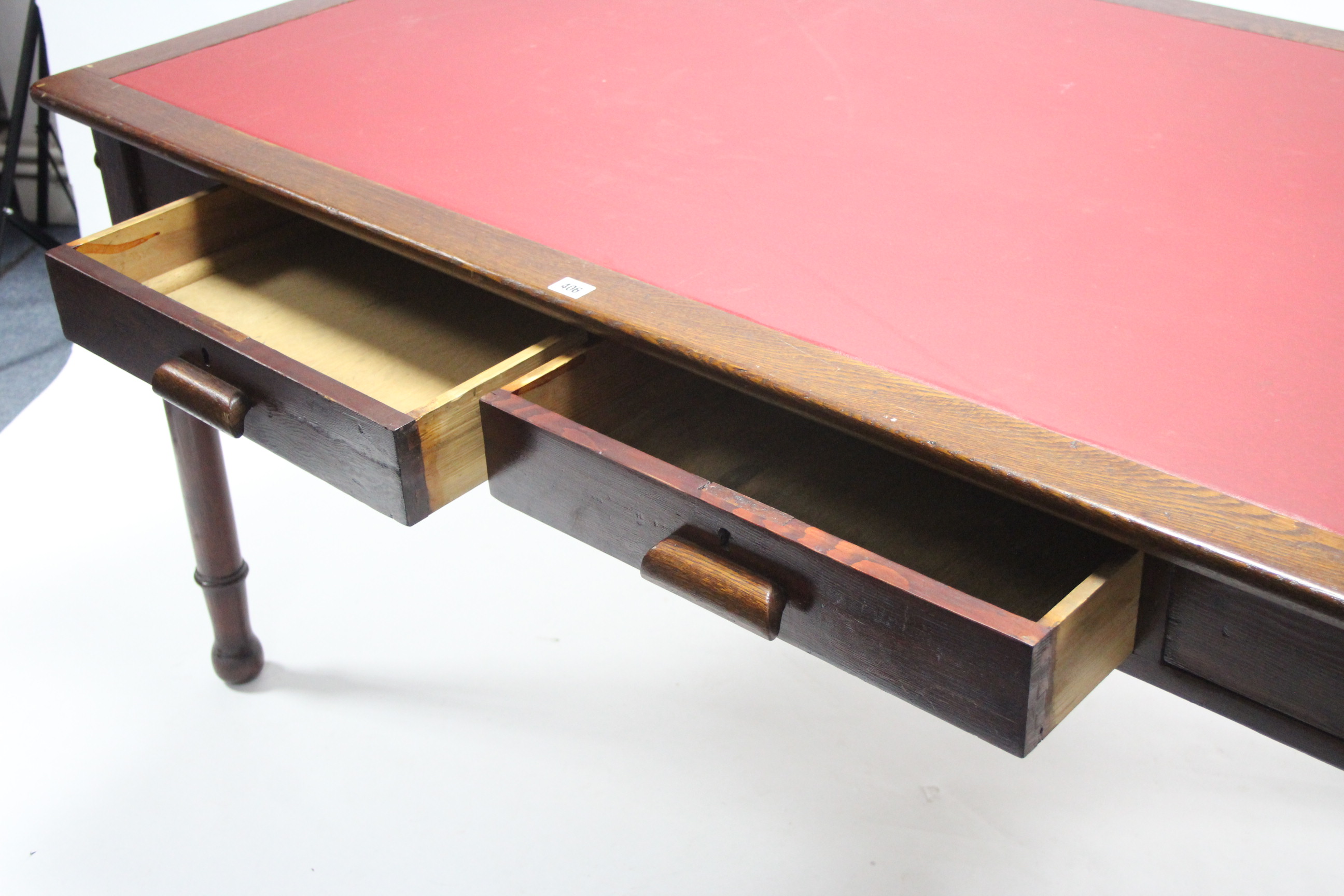 A late 19th/early 20th century oak & pine office table inset crimson leatherette to the - Image 2 of 4