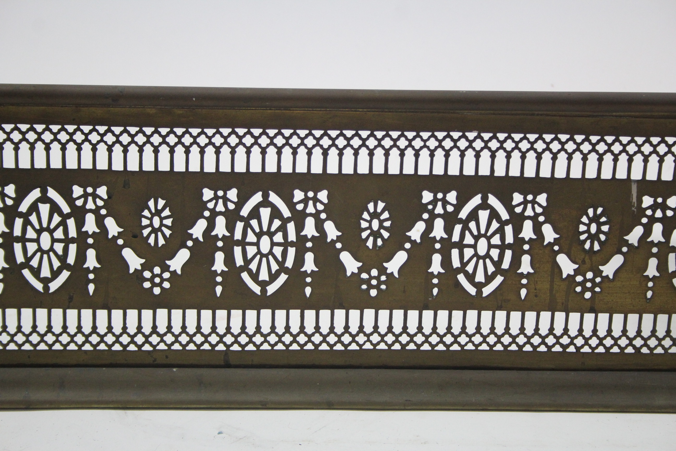 A 19th century brass fender with pierced frieze, 49” long, & an eastern engraved silvered-metal - Image 4 of 4