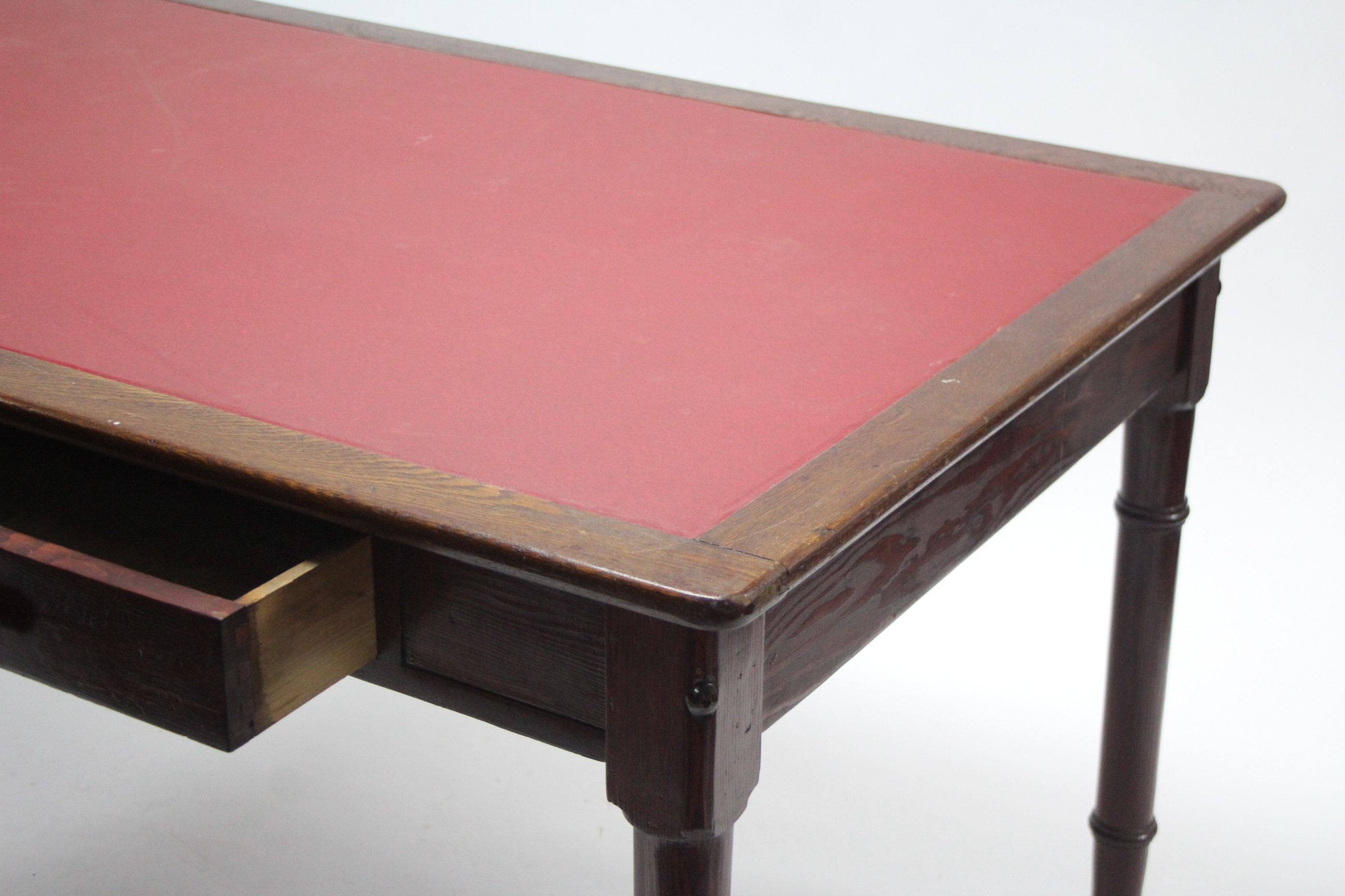 A late 19th/early 20th century oak & pine office table inset crimson leatherette to the - Image 3 of 4