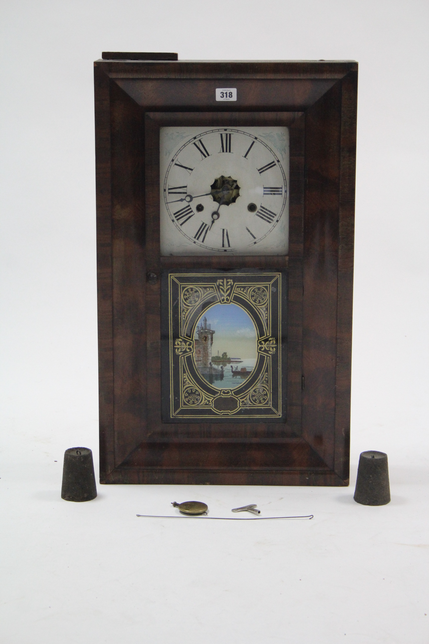 A late 19th century American thirty hour wall clock by Jerome & Co. of New Haven, with pictorial