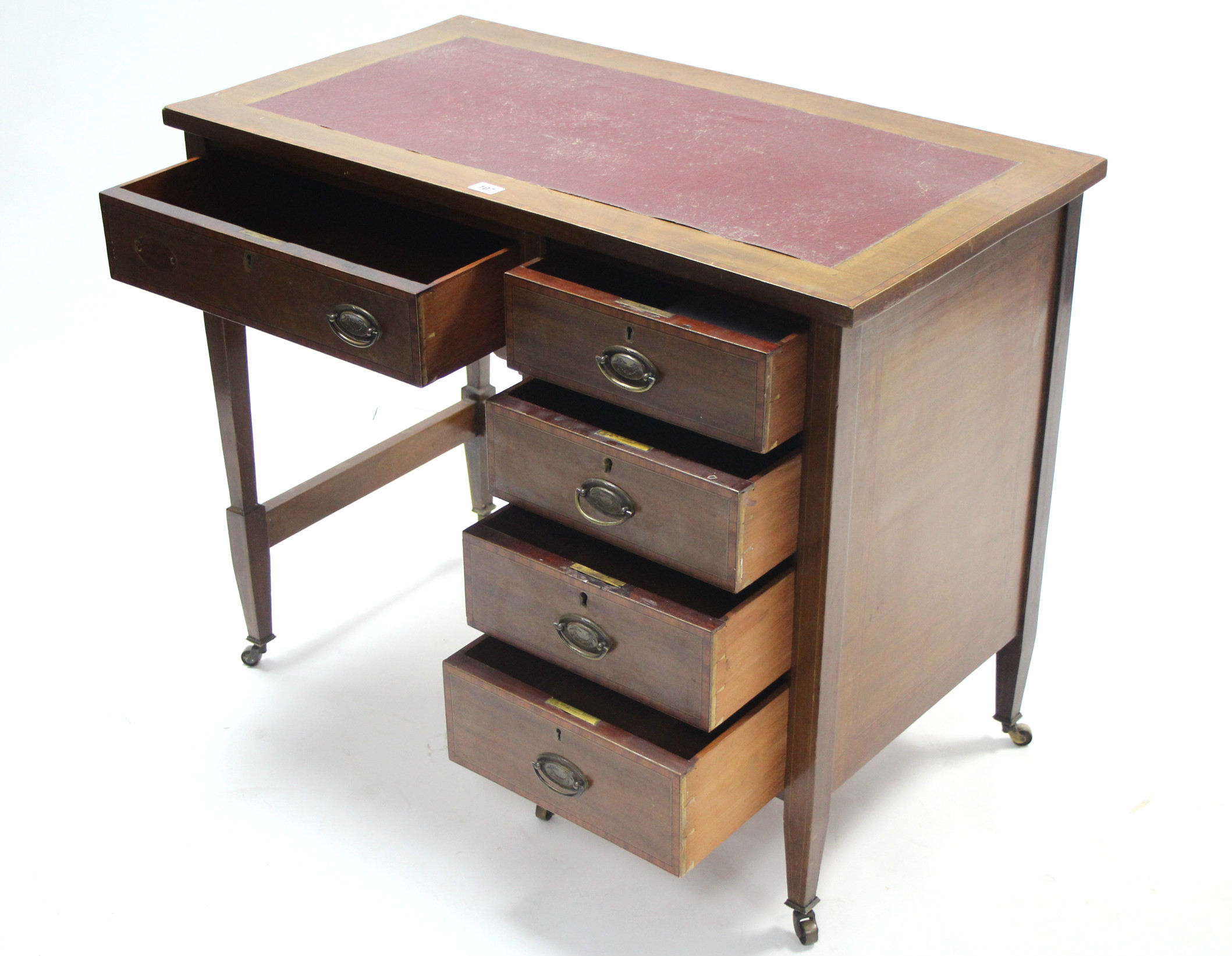 An Edwardian inlaid-mahogany small desk inset crimson leatherette to the rectangular top, fitted - Image 2 of 3