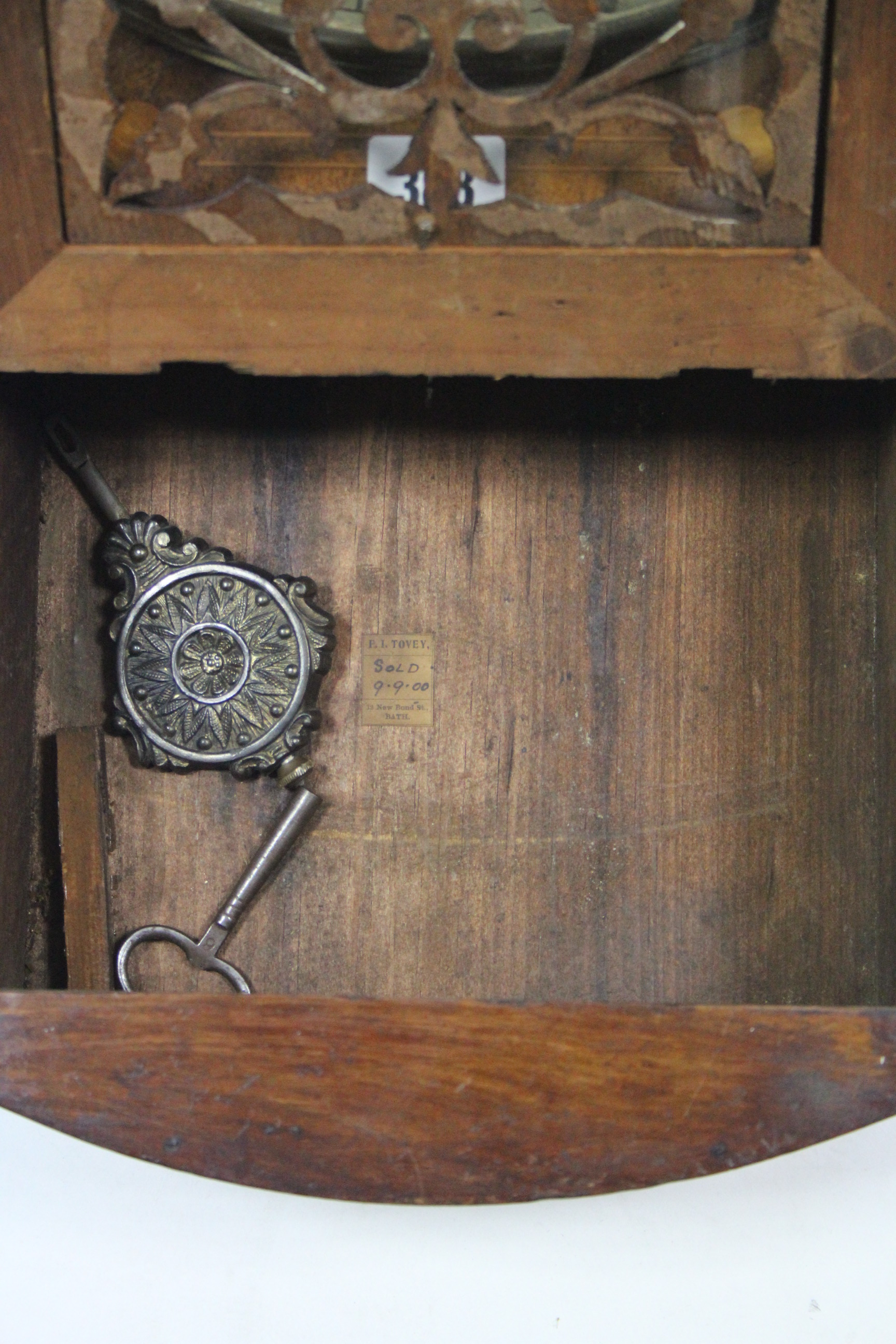 A Victorian inlaid walnut drop-dial wall clock, the 12” diam. painted dial inscribed: “F. Tovey, - Image 2 of 2