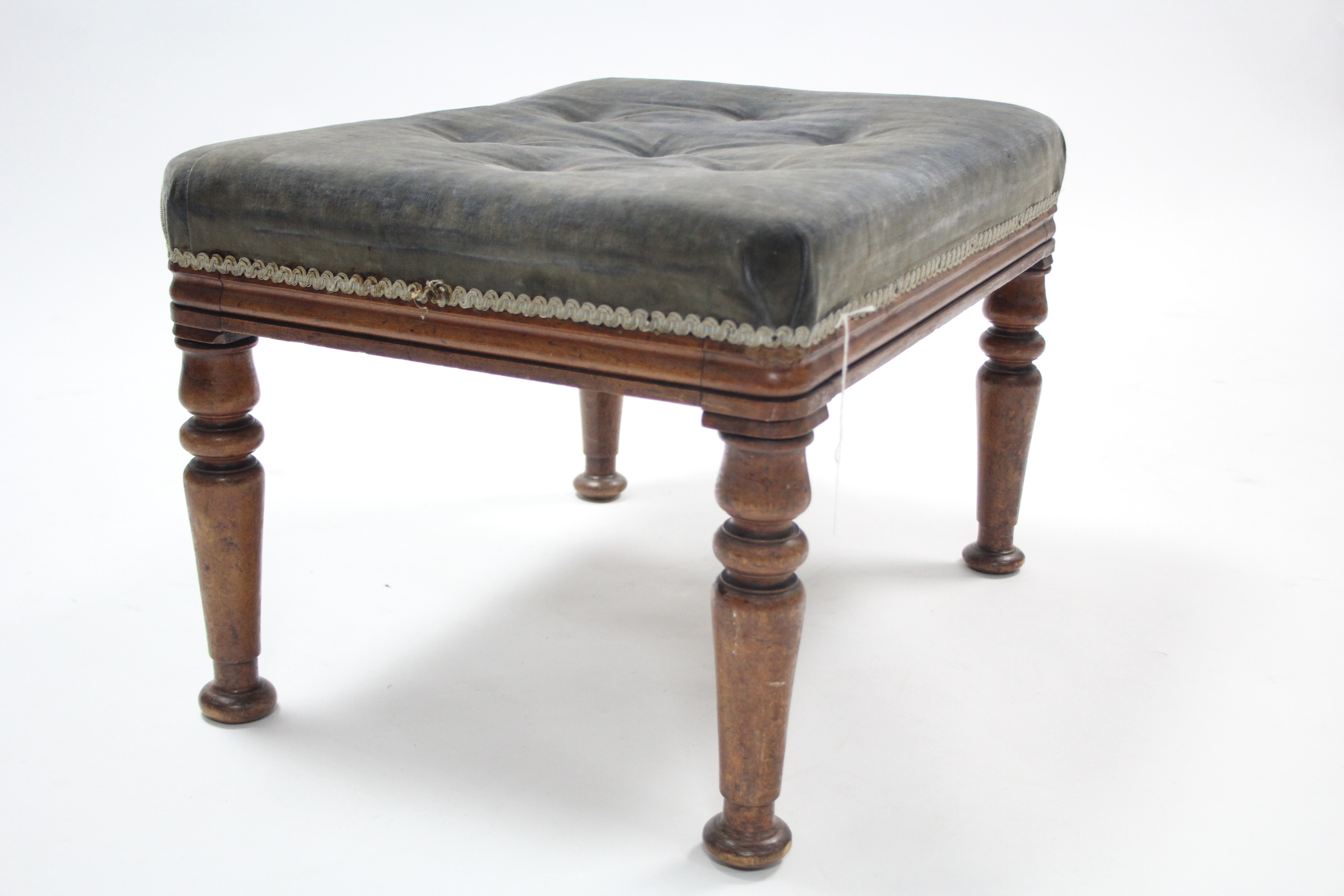 A Victorian walnut stool upholstered pale blue buttoned velour, & on turned tapered legs, 24" wide. - Image 2 of 3