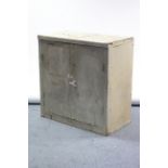 A mid-20th century light grey art-metal industrial low cabinet enclosed by pair of doors, 35” wide x