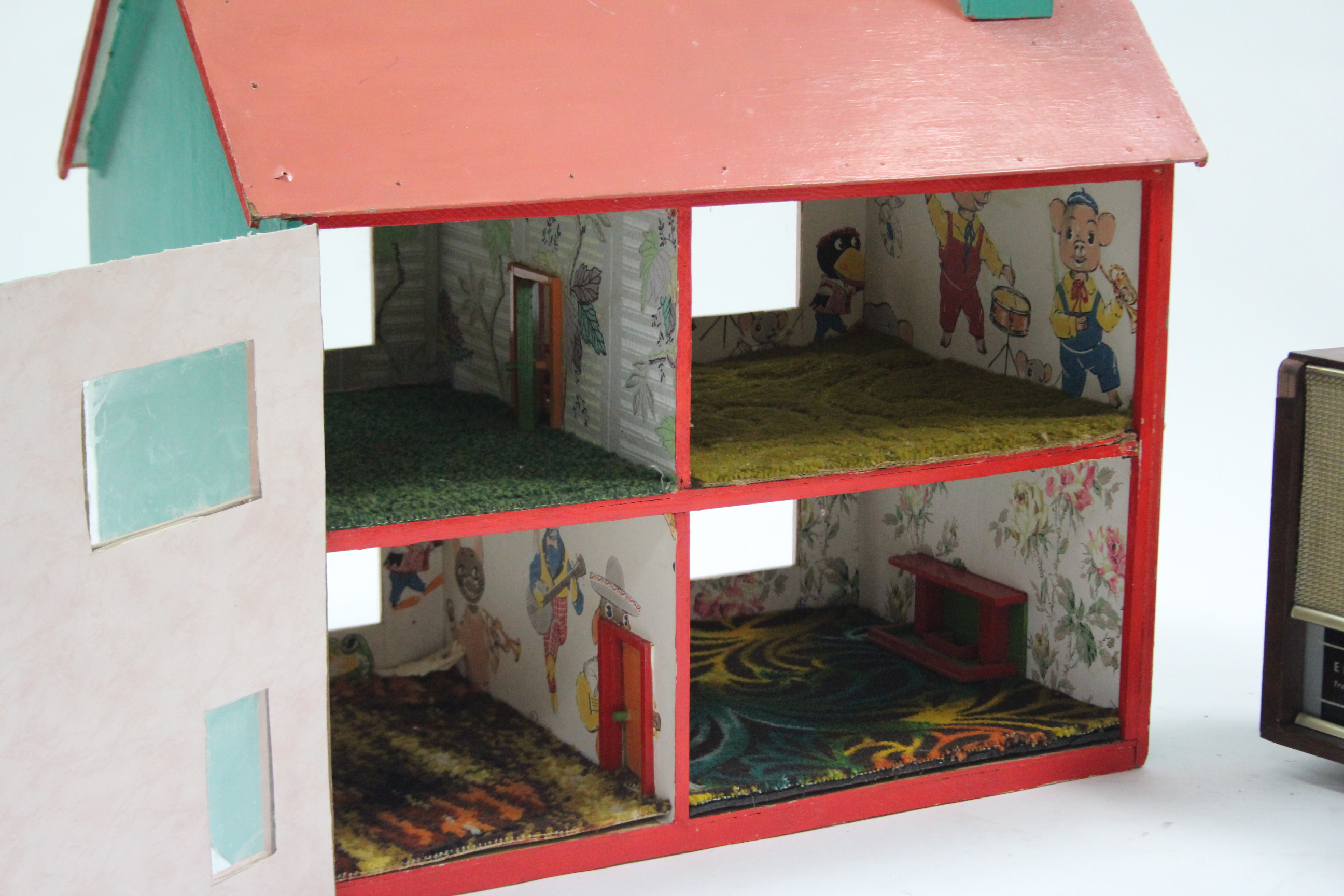 An Ekco transistor radio in mahogany-finish case; & a painted wooden two-storey doll’s house with - Image 2 of 2