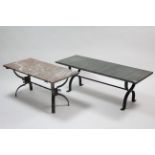 Two wrought-metal low coffee tables, each on shaped legs & with marble top, 48½” & 36” wide.