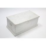 A white painted deal blanket box with hinged lift-lid & wrought-iron side handles, 31½" wide.