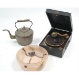 A Columbia portable gramophone in black fibre-covered case (case w.a.f.); together with a copper &