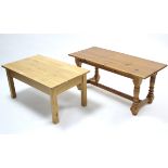 A light oak-finish rectangular low coffee table on square legs, 33¾" wide; & a similar pine ditto,