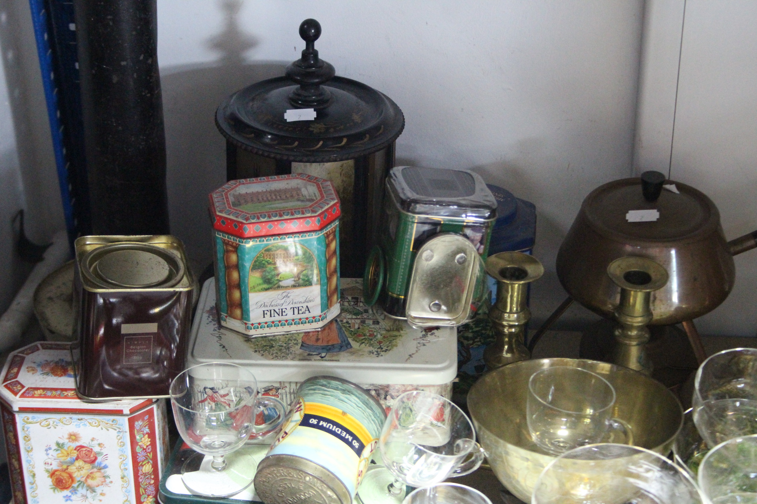 Two pairs of brass candlesticks; various other items of metalware; various advertising tins, etc. - Image 4 of 5