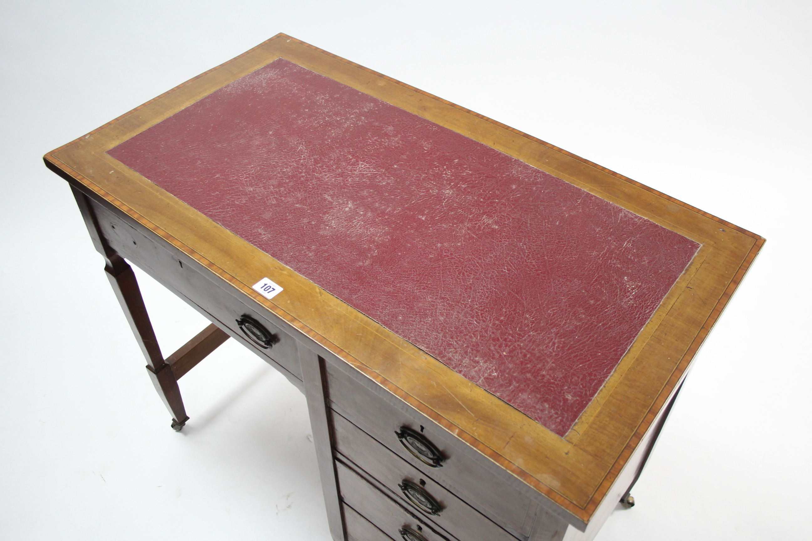 An Edwardian inlaid-mahogany small desk inset crimson leatherette to the rectangular top, fitted - Image 3 of 3