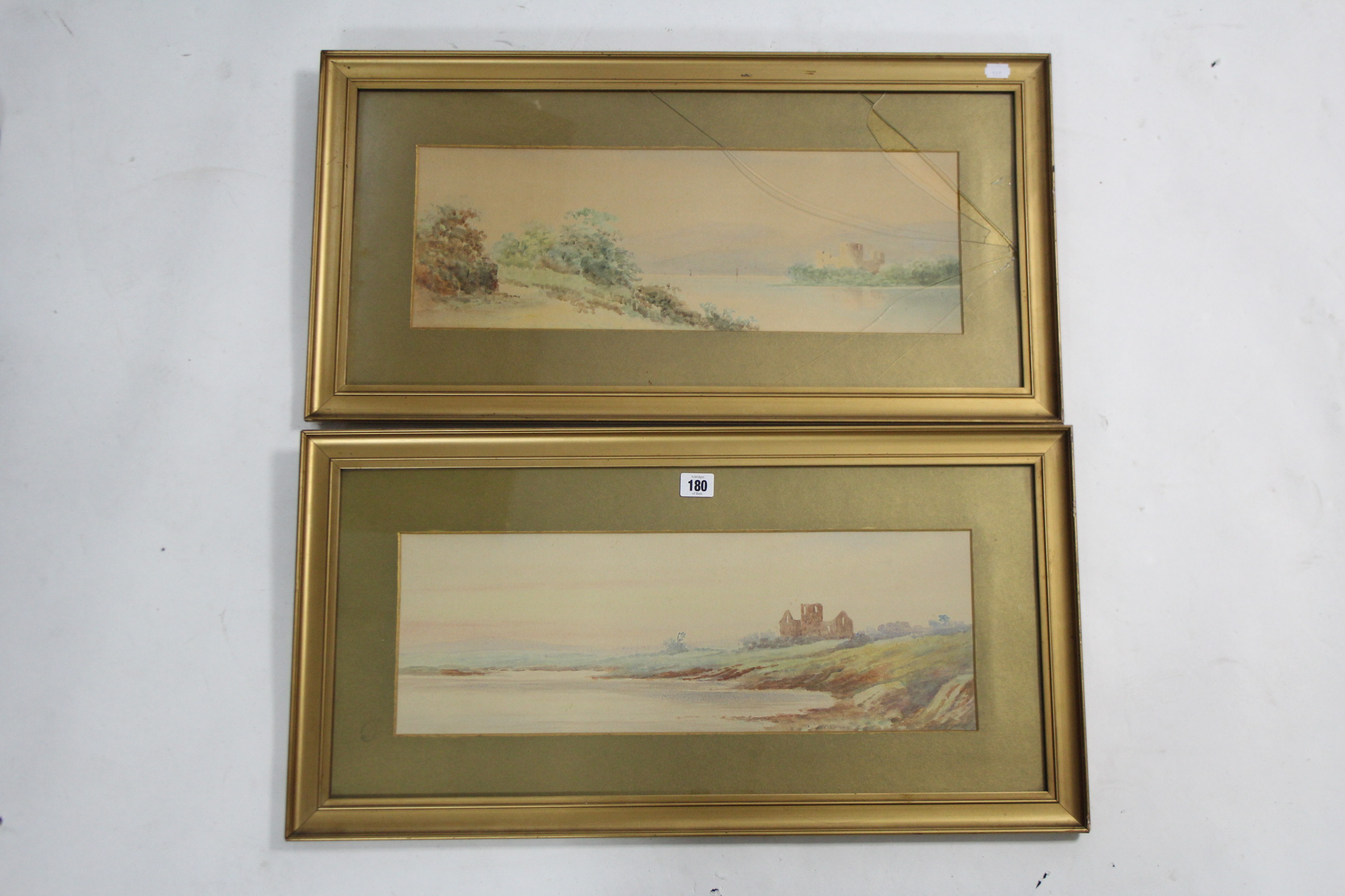 A pair of watercolour paintings of loch scenes each with castle ruin to the background, unsigned,