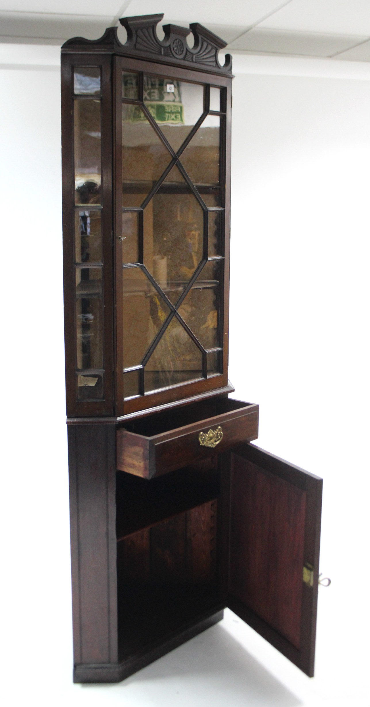 A late 19th/early 20th century tall mahogany standing corner cabinet, the upper part fitted two - Image 2 of 2