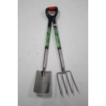 A Green Blade stainless steel border fork & spade.