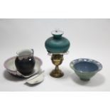 A brass oil table lamp with green tinted glass shade; a toilet jug & basin, w.a.f.; etc.