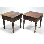 A near pair of teak square occasional tables each fitted frieze drawer, and on baluster turned legs,