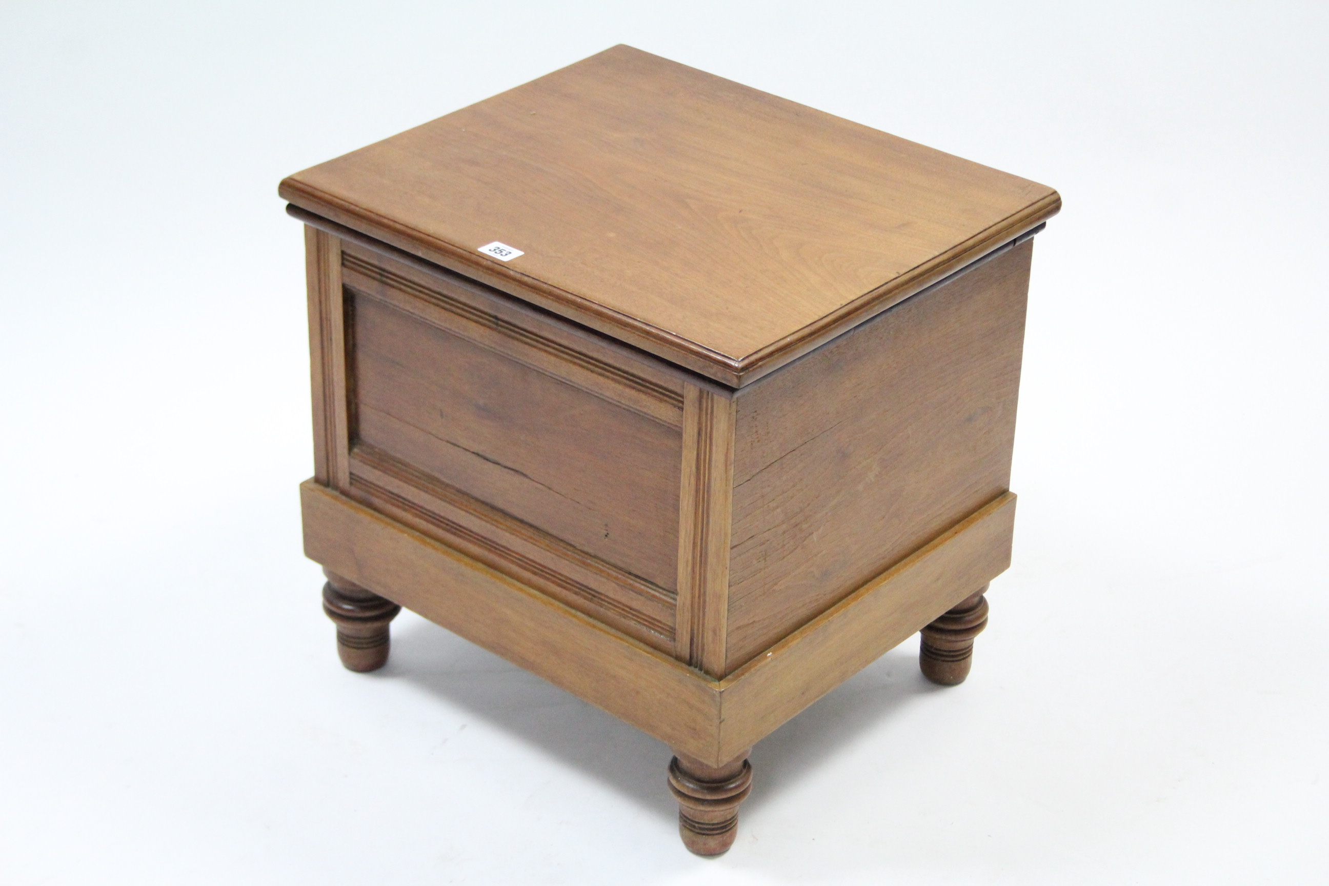 A late Victorian mahogany box commode on short turned legs, with liner, 19” wide.