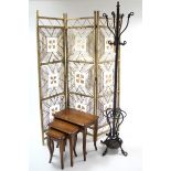 A wrought-metal hat & coat stand, 75½" high; a nest of three occasional tables; & a wicker three-