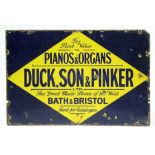 A pair of vintage blue & yellow enamelled rectangular signs "DUCK, SON & PINKER, PIANOS & ORGANS,