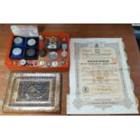 Various commemorative medals, Masonic & other enamelled badges, banknotes, & three share