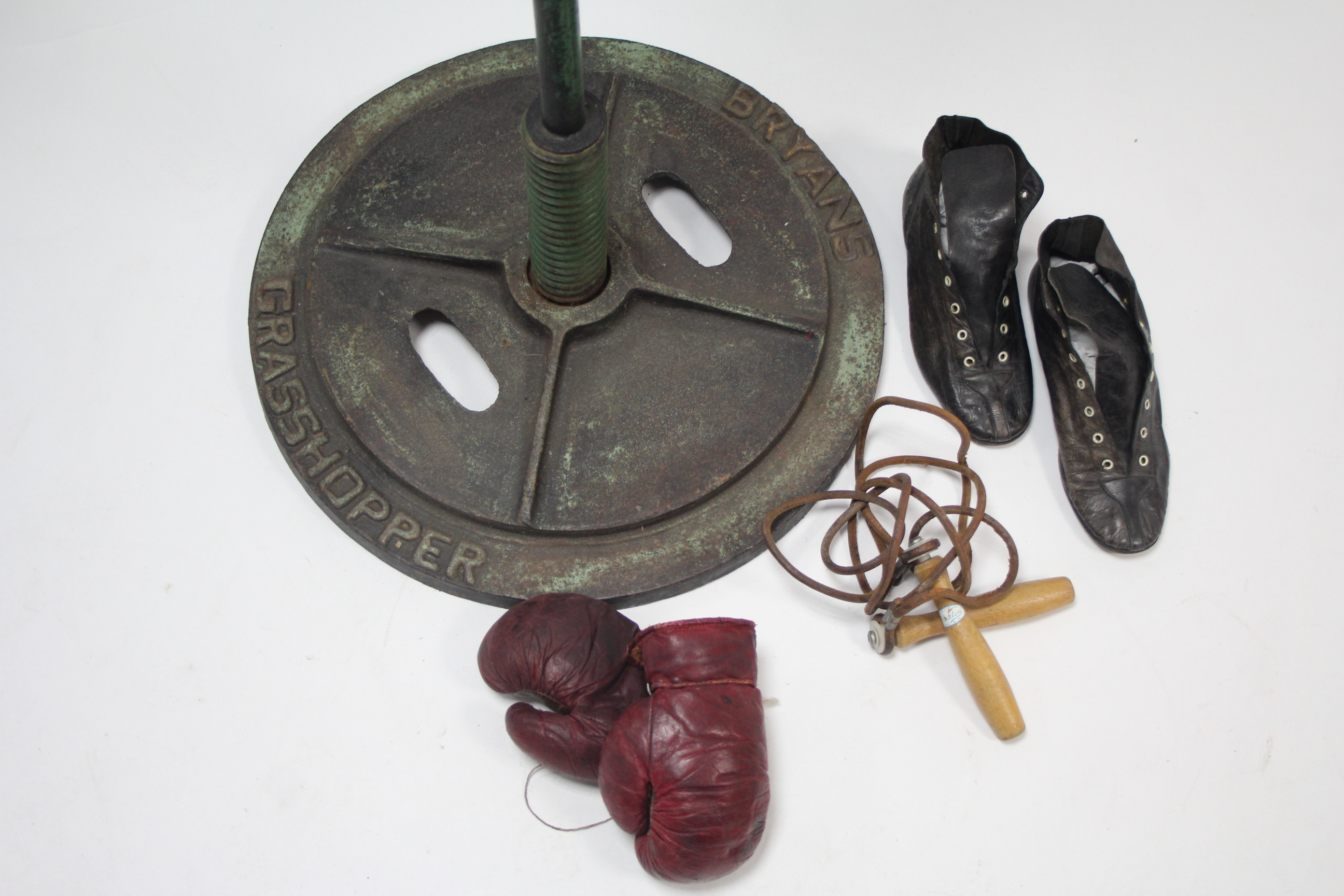 A vintage Bryan’s “Grasshopper” leather punch-bag on iron base; & various other boxing accessories. - Image 2 of 7