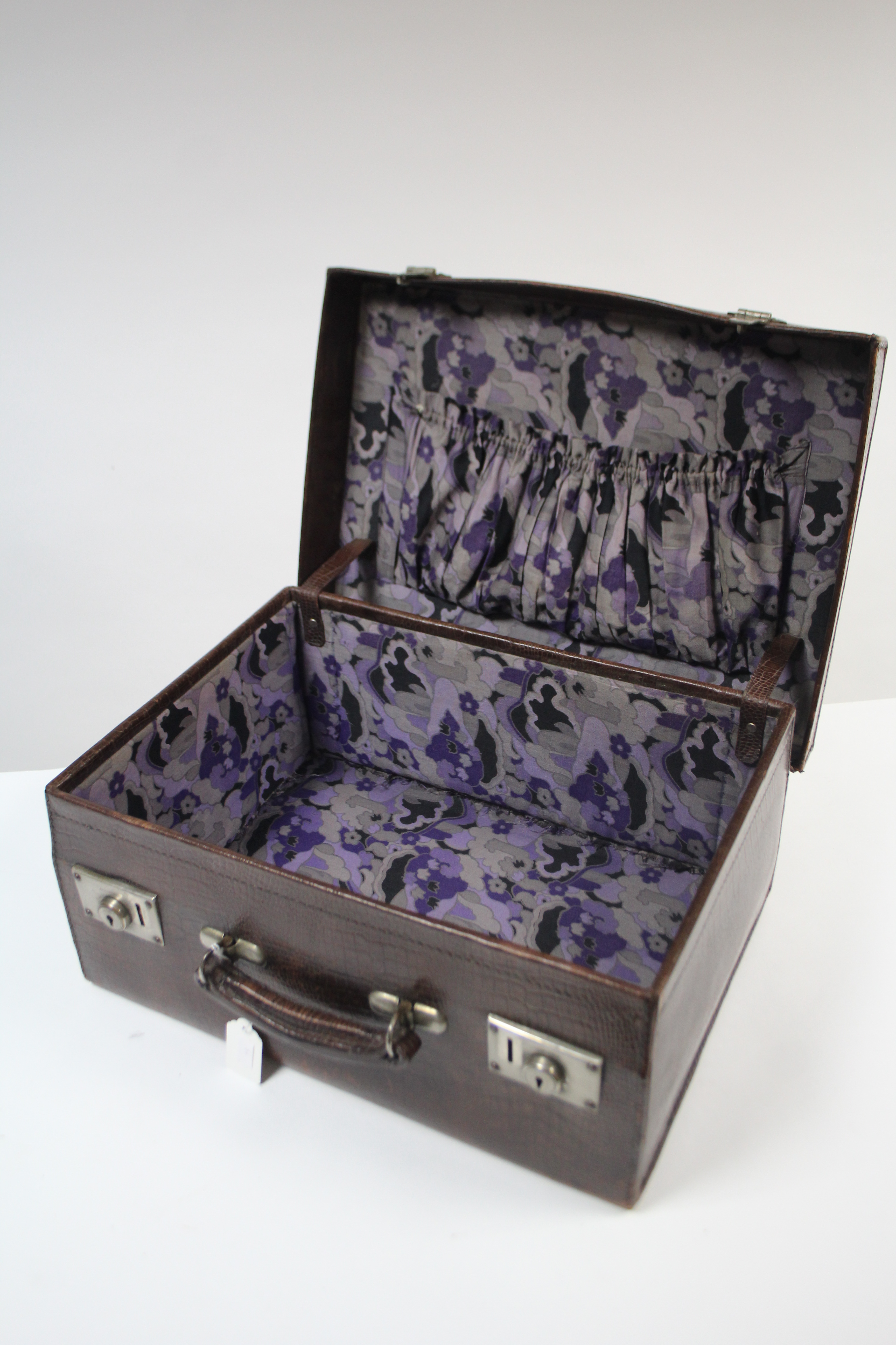 An early 20th century simulated crocodile skin leather travelling case with chrome twin-lever locks, - Image 3 of 4