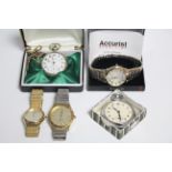 Two chrome-cased pocket watches; & three gent’s wristwatches.