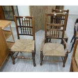 A pair of late 19thC fruitwood and oak framed Lancashire, double row, spindle back chairs,