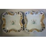 A pair of late 18thC Chinese porcelain dishes with raised, incurved sides, decorated with armorials,