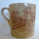 A mid Victorian pottery mug, decorated in monochrome sepia with a youth between two young women,