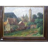 H Kreyssig - a view from a track with the buildings of a small Bavarian town beyond oil on canvas