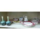 Decorative and domestic ceramics: to include a pair of green/blue lustre china bottle vases with a
