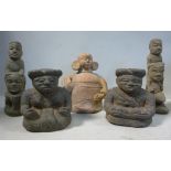 Five pre-Columbian style pottery figures, two seated,