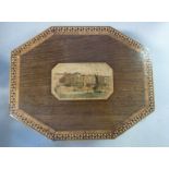 A Regency walnut, rosewood and satinwood, printed paper lined and compartmented workbox of shallow,