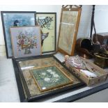 Framed and unframed 20thC tapestry pictures and covers: to include one featured in a mahogany