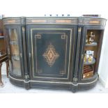 A late Victorian ebonised credenza with applied gilt metal and marquetry ornament, the central,