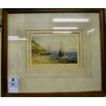 Attributed to Margaret Bradley - a shoreline scene with two returning fishermen watercolour 4'' x